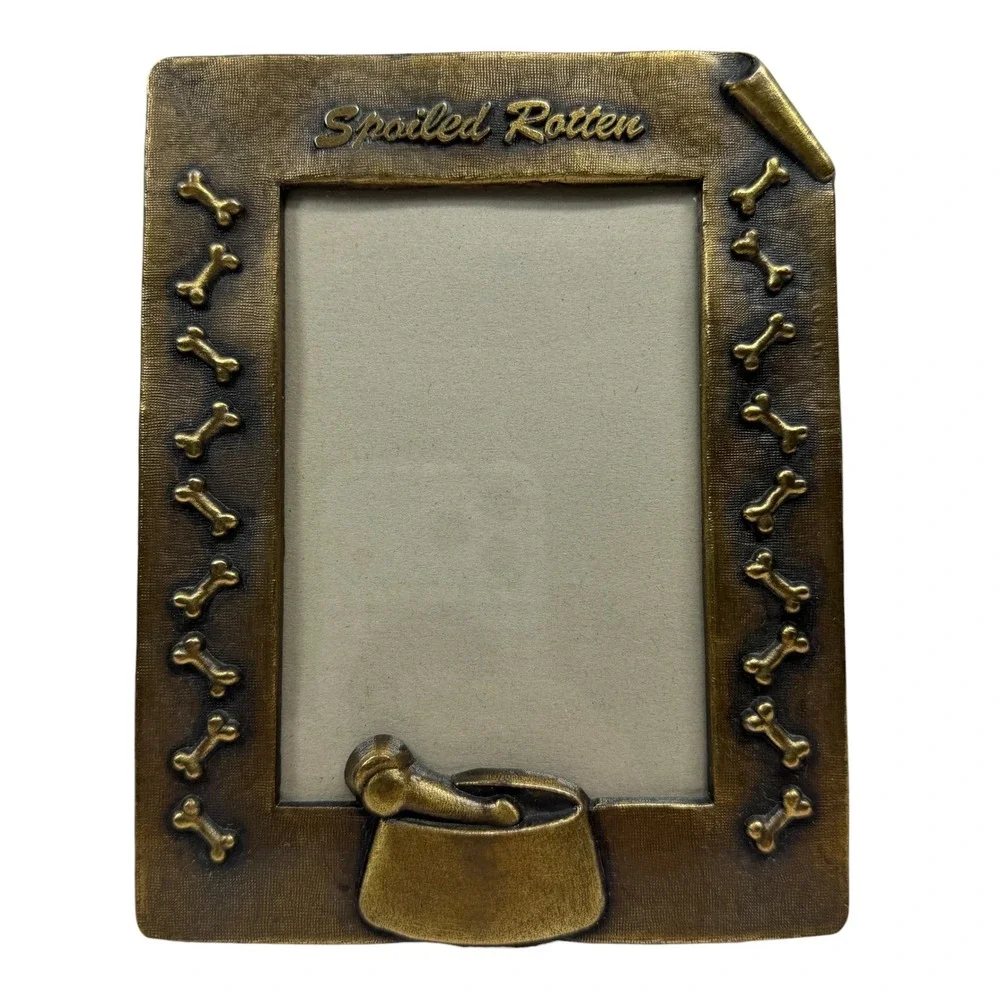 Vtg Spoiled Rotten Dog Photo Frame Brass Bone Accents Pet Memorial Gift Puppy